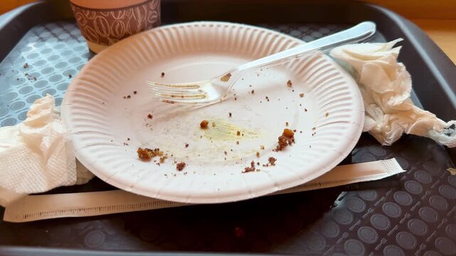 Used cardboard disposable tableware in the form of glasses, plates, forks, napkins after eating on a plastic tray. Public cafeteria. Close-up