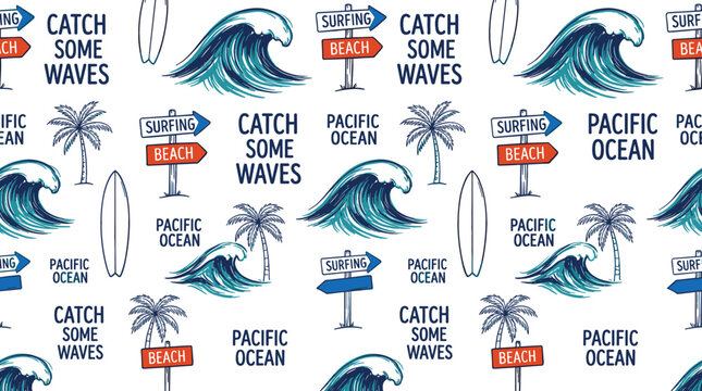 Vector set of seamless summer beach patterns featuring sketch ocean waves palm trees surfboards and hand drawn typography elements for fabric textile wallpaper wrapping paper print design