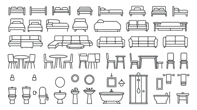 Minimalist architectural furniture symbol set with technical line art icons, residential interior space planning elements,