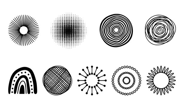 Black and white geometric pattern set spirals dots and abstract shapes