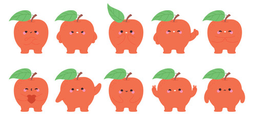 Obraz premium Funny red apples characters. Groovy apple different emotions. Fruit happy, laughing, joy, hold heart, greetings, indignant. Food mascots, stickers vector design