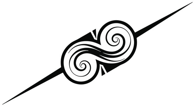 Stylized infinity symbol with swirling lines is intersected by a diagonal line on a white background.