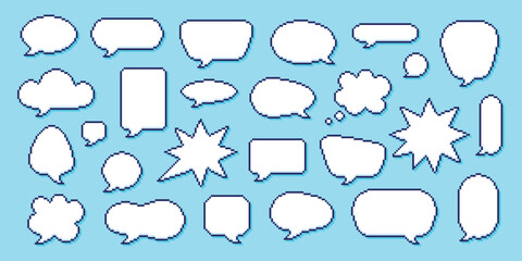 Obraz premium Pixel speech bubbles. Different pixel art message frames. Pixelated bubble for dialogue and conversation. Retro game design, y2k style tidy vector set