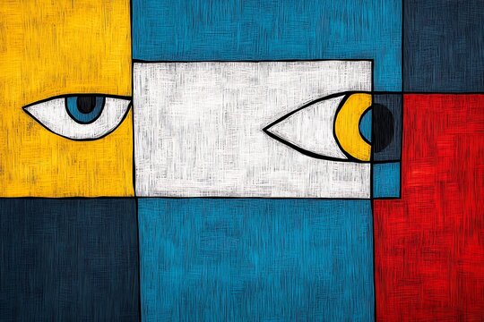 Abstract art composition featuring a stylized eye and bird within geometric shapes