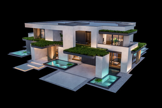 3d rendering of two-story house with concrete facade isolated on black
