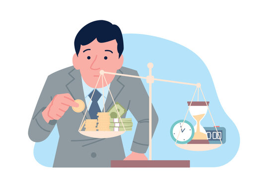 Time money balance. Giant businessman puts coin on scale to balance it. Find trade-off, financial wellbeing and rewards. Working lifestyle, recent vector scene