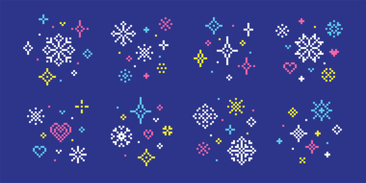 Pixel winter elements. Pixel art compositions with snowflakes, stars and sparkles. Decorative 8-bit 16-bit design. Creative seasonal scenes, tidy vector set