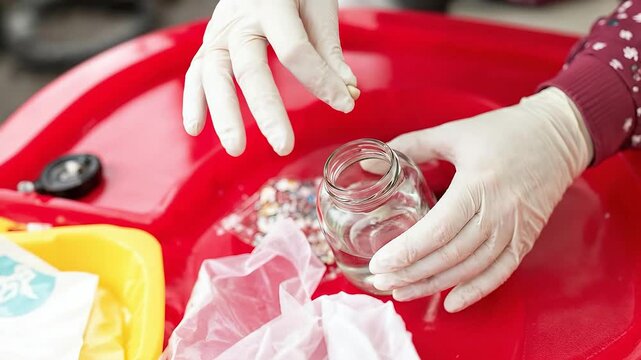 Hands in gloves sort small colorful items into a glass jar.