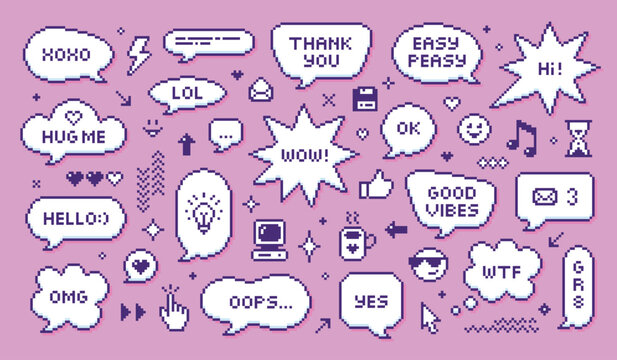 Pixel art message bubbles. Funny pixel icons for messaging, 8-bit 16-bit speech bubble. Retro style y2k design elements, dialogue, conversation, tidy vector set