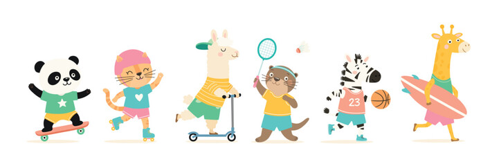 Fototapeta premium Cute Animal Sports Set Vector Illustration. Panda on Skateboard, Cat on Roller Skates, Llama on Scooter, Otter Playing Badminton, Zebra With Basketball and Giraffe With Surfboard