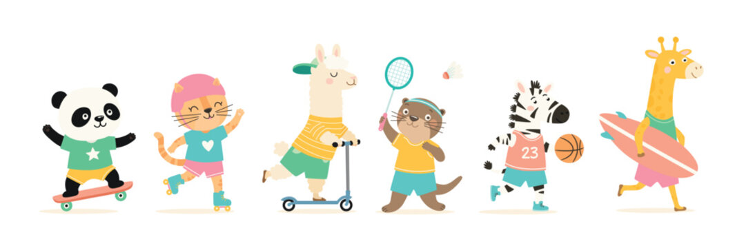 Cute Animal Sports Set Vector Illustration. Panda on Skateboard, Cat on Roller Skates, Llama on Scooter, Otter Playing Badminton, Zebra With Basketball and Giraffe With Surfboard