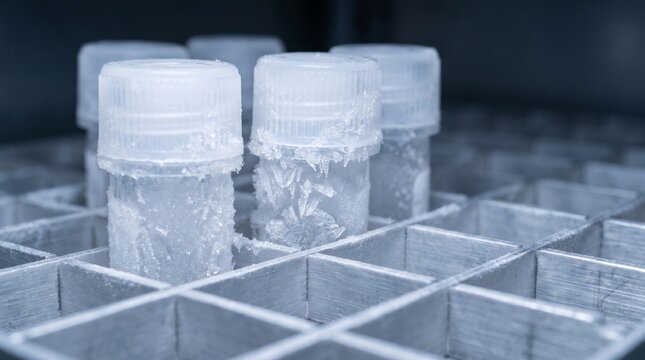 Macro View of Frosted Medical Cryovials In Storage Rack