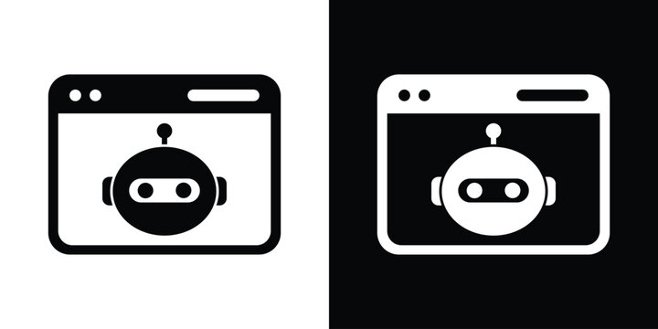 Web automation icon showing a robot assistant head inside a browser window wireframe. Ideal for automated software, web bots, AI browsers, and online chat systems.