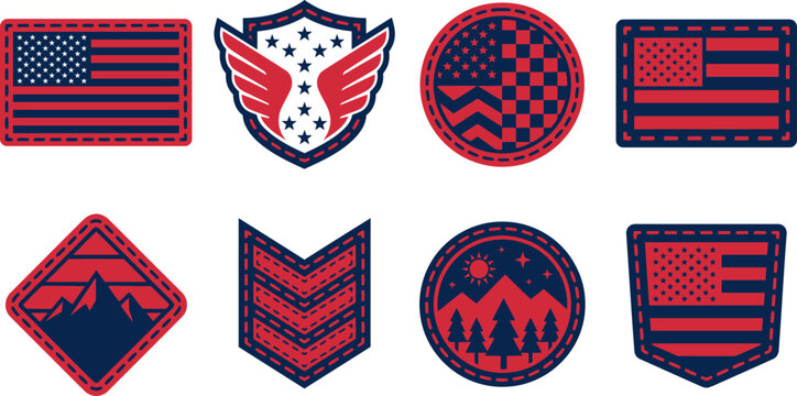 American flag badges and emblems with various designs and shapes isolated on white background