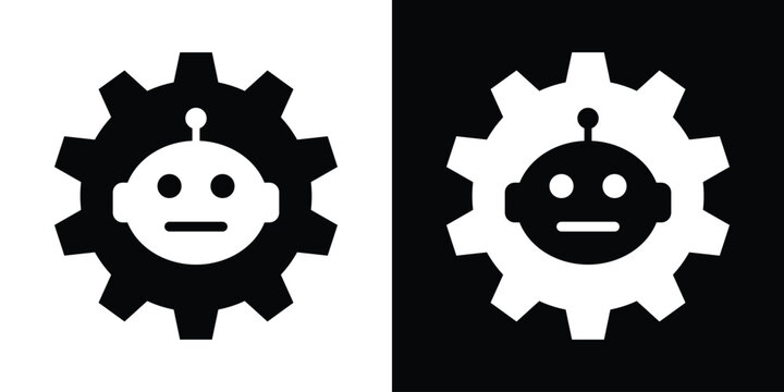 AI process icon showing a robot head integrated inside a mechanical gear configuration. Represents automated workflows, engineering, robotics, and smart industry systems.