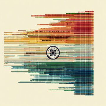 Abstract digital art featuring a pixelated representation of the Indian flag with horizontal lines and the Ashoka Chakra in the center.