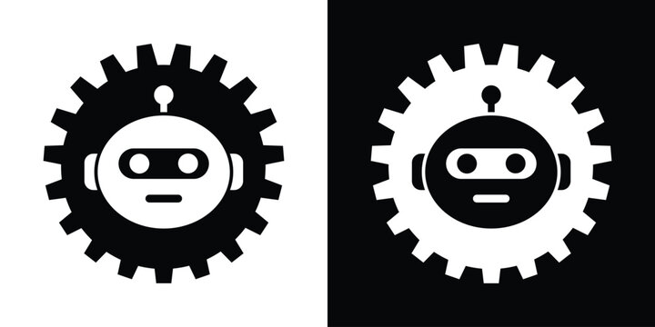 AI process icon showing a robot head integrated inside a mechanical gear configuration. Represents automated workflows, engineering, robotics, and smart industry systems.