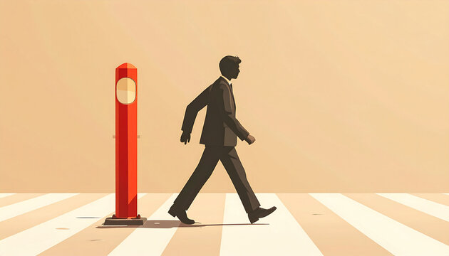 Man walking near red pylon
