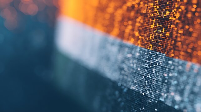 Close-up of a digital screen displaying rows of illuminated alphanumeric data in orange and white hues, creating a high-tech, futuristic atmosphere.