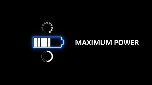 Battery charging animation with glowing indicator, full charge cycle to maximum power