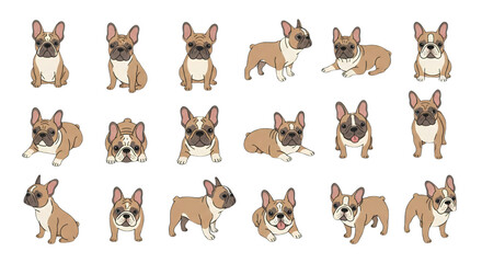 Fototapeta premium Cute French Bulldog Collection in Various Poses Flat Cartoon Style Vector Illustration Set