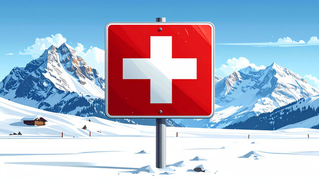 Swiss sign against snow covered mountains