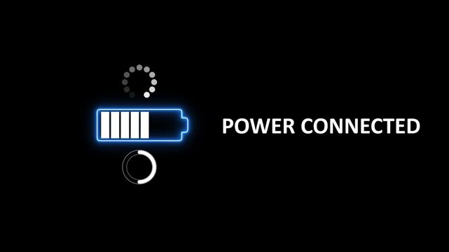 Battery charging animation: power connected, dynamic charging process, 4k loop battery animation