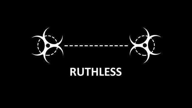 Futuristic biohazard symbol with 'ruthless' text animation on black background, futuristic ruthless text
