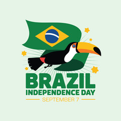 Fototapeta premium Brazil's Independence Day with a toucan, waving the Brazilian flag, and yellow stars on a light green bird