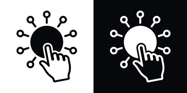 Interactive network icon featuring a human hand clicking a central node connected to multiple data points. Great for touch interface, data distribution, and IoT connectivity.