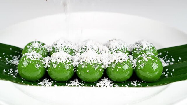 Top-down macro slow motion of fresh grated coconut falling like snow onto neat green pandan klepon on a white plate. Clean white background.