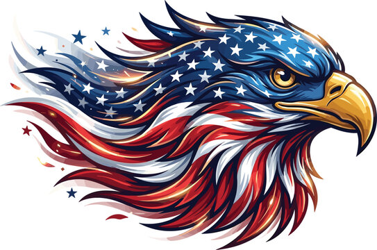 American patriotic bald eagle head vector mascot illustration, featuring dynamic tribal flag stars and stripes