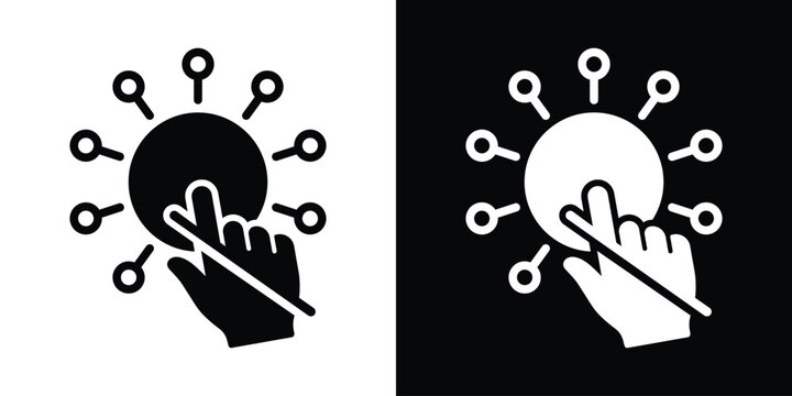 Interactive network icon featuring a human hand clicking a central node connected to multiple data points. Great for touch interface, data distribution, and IoT connectivity.