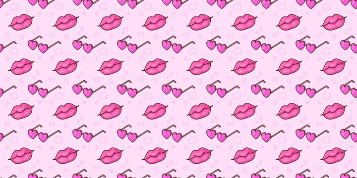Pink seamless pattern with eyeglasses and lips