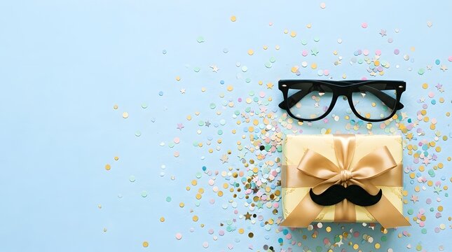 Birthday gift with fake mustache and glasses on blue background with confetti