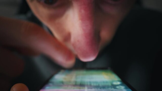 An extreme close-up view of a person scrolling on a glowing smartphone in the dark. Bright screen light dramatically illuminates the face. Shallow focus highlights the moving finger.