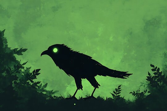 Silhouette of a crow perched amidst glowing green foliage in the twilight