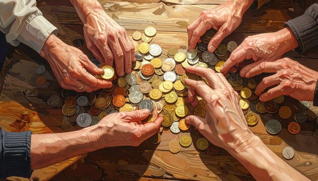 Hands Exchanging Coins on Wooden Table.