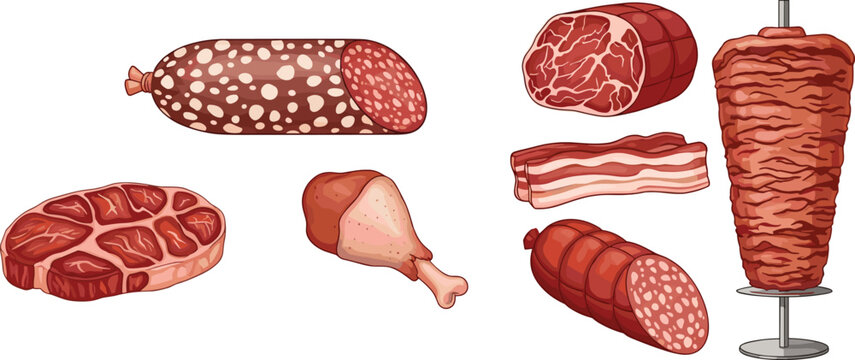 Assorted fresh butcher meat collection featuring marbled beef steak chicken drumstick sliced salami chubs bacon strips and vertical rotisserie illustration isolated on transparent background
