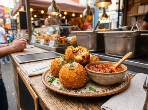 Italian fried arancini rice balls served with tomato sauce at a street market