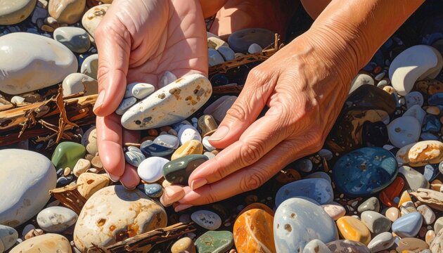 Hands holding smooth pebbles on beach.