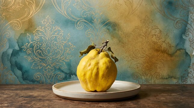 Yellow Quince Fruit on White Plate with Teal and Golden Damask Watercolor Background