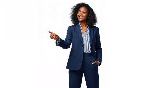 Mulher negra apontando dedo em fundo branco