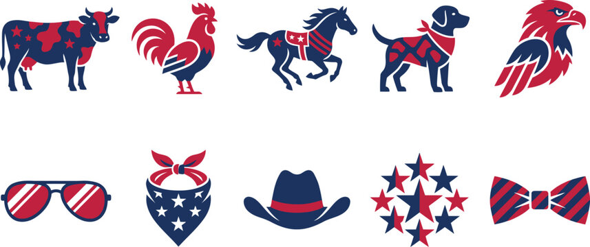 American patriotic icons and animals in red white and blue colors