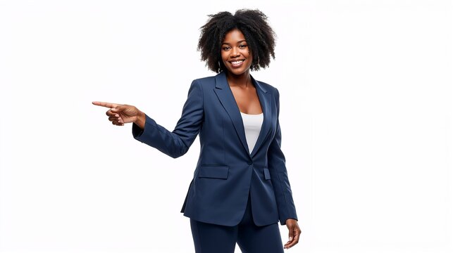 Mulher negra apontando dedo em fundo branco