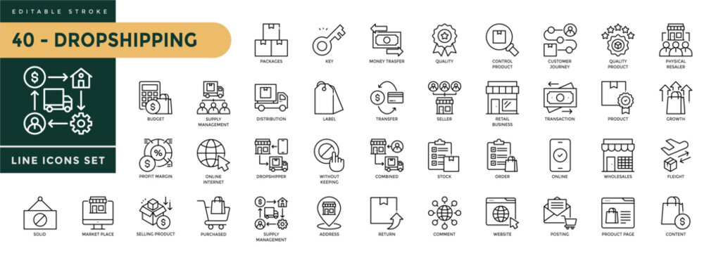 A collection of Dropshipping icons set with editable stroke, including retail business, seller, customer, orders, without keeping, stock, supply management. Thin linear vector illustration.