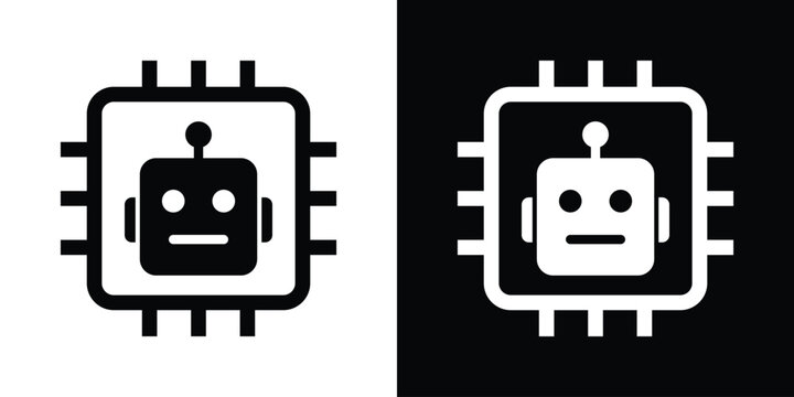 Hardware processing icon showcasing a cute robot head integrated directly inside a square microchip processor. Represents hardware intelligence, CPU power, and smart tech.