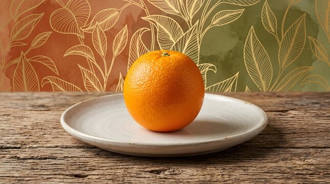 Fresh Whole Orange on White Plate with Elegant Floral Wallpaper Background