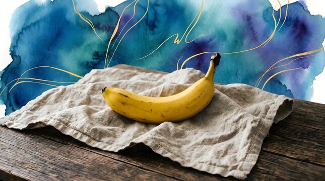 Ripe Yellow Banana on Linen Cloth with Deep Blue and Purple Watercolor Background