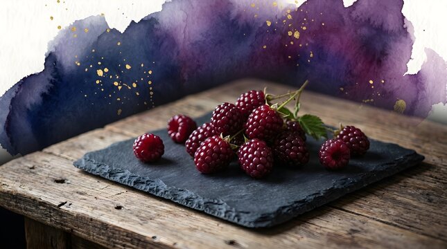 Ripe Blackberries on Slate Board with Deep Purple Watercolor Backdrop